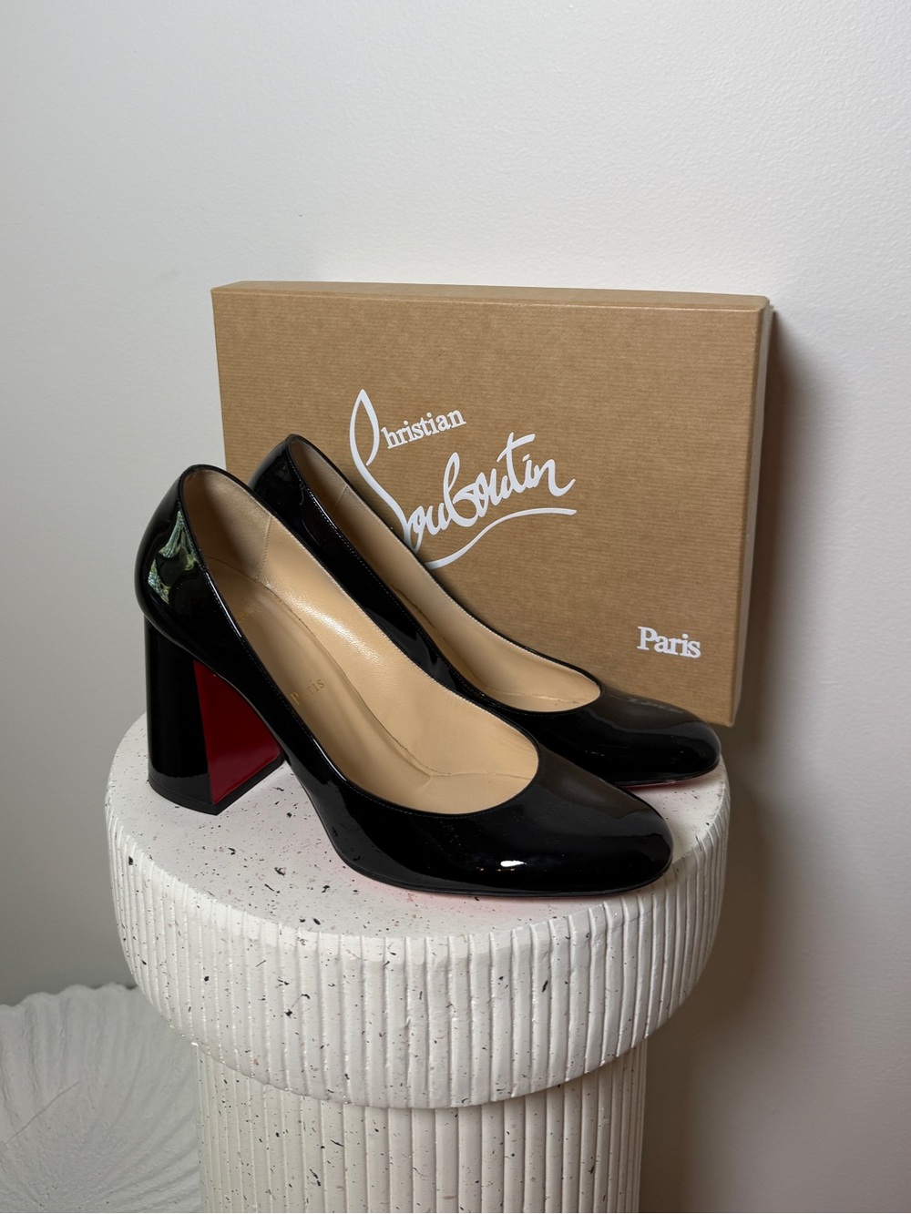 Christian Louboutin Black Patent Round Toe Block Heel Pumps with Red Sole
